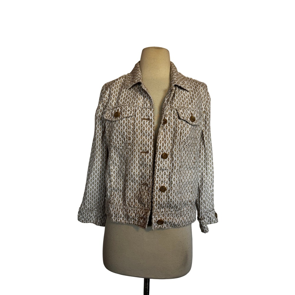 Tommy Bahama Geometric Chain Link Frayed Edge Trucker Jacket Tan White XS